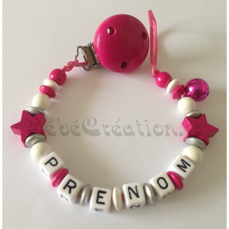 Attache tétine personnalisé Etoile Fuchsia-en-bois
