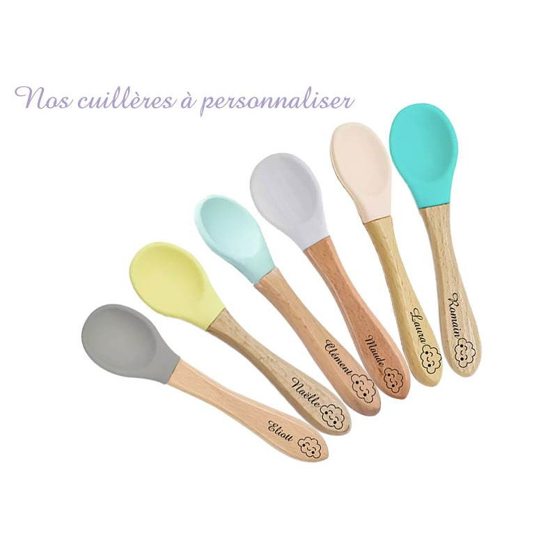 Couvert bébé personnalisé Cuillères bébé bois et silicone