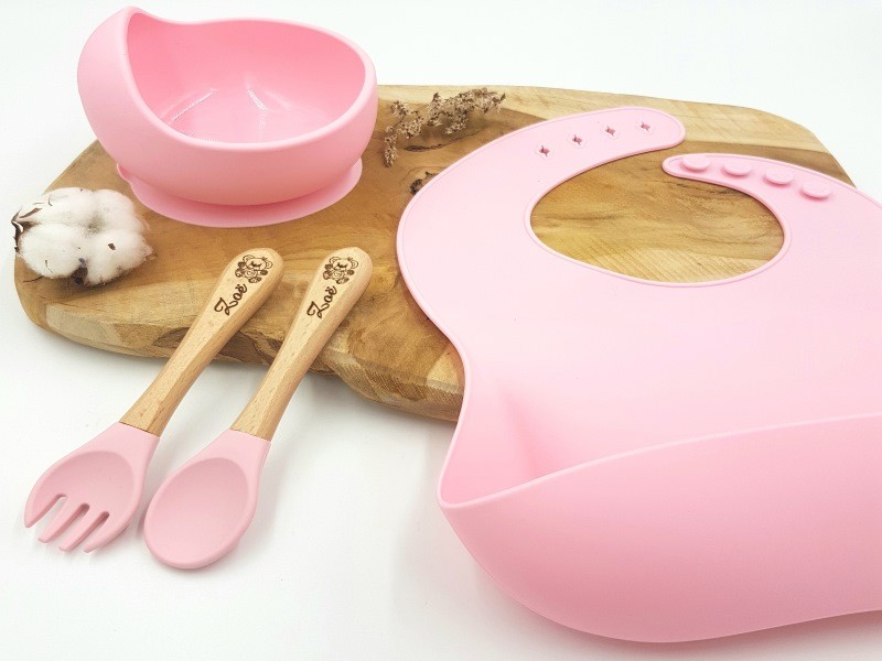 Couverts Silicone Gravés Prénom Bébé - Cuillère Et Fourchette Rose - Cadeau Naissance