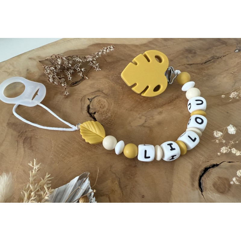 Attache tétine feuille moutarde en silicone